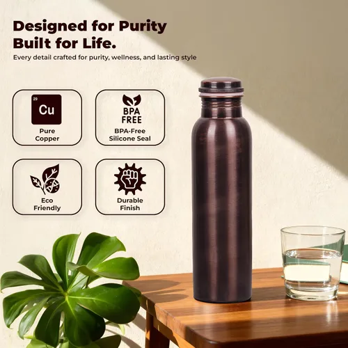 Vista 6 de Botella de agua de cobre 100% puro para beber, botella de cobre ayurvédico con acabado liso, a prueba de fugas, boca ancha, reutilizable y sin BPA