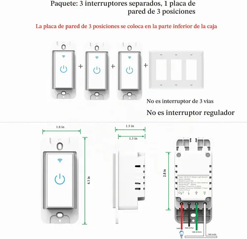 Vista 7 de Interruptor inteligente 3Gang interruptor de luz inteligente 3 Gang, interruptor inteligente WiFi de 2.4 GHz en la pared compatible con Alexa