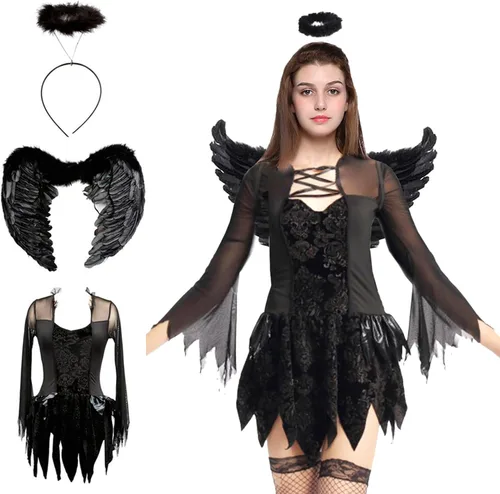 Vista 8 de Mannice Disfraz de ángel caído de Halloween, alas de plumas negras, para cosplay, halo para mujer