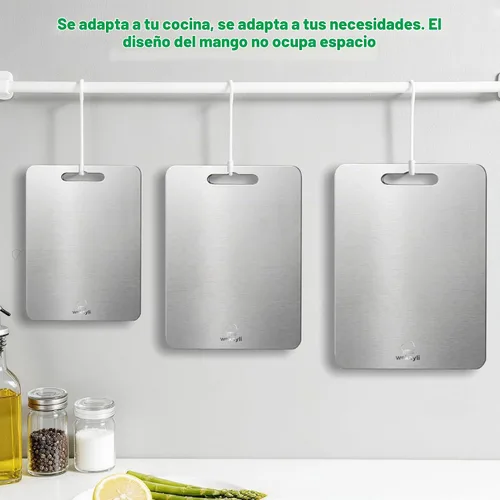 Vista 7 de Juego de 3 tablas de cortar de titanio 100% puro para cocina, tablas de cortar de titanio de doble cara, áreas separadas de alimentos crudos