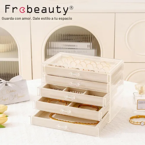 Vista 8 de Frebeauty Caja de joyas extra grande de acrílico para mujeres y niñas, organizador de aretes de terciopelo transparente de 5 capas con 5 cajones