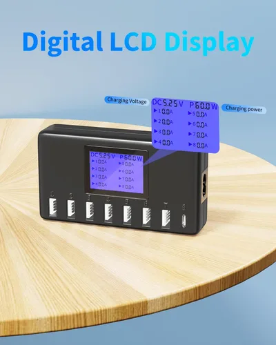 Vista 3 de Estación de carga USB de 60 W, 12 A, 8 puertos, cargador concentrador USB multipuerto, pantalla LCD de tamaño compacto, compatible con iPhone, iPad