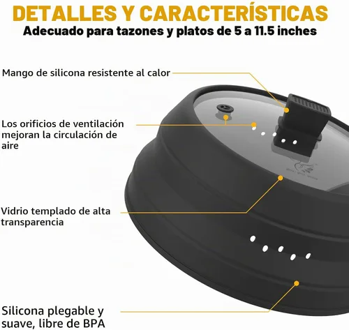 Vista 3 de Cubierta alta para salpicaduras de microondas, tapa protectora de vidrio de 5.8 pulgadas de altura con silicona plegable para plato de olla de Negro