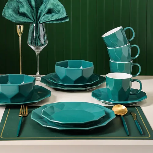 Vista 5 de Stone + Lain Jamie - Juego de vajilla geométrica de porcelana de 16 piezas, color verde Amarillo
