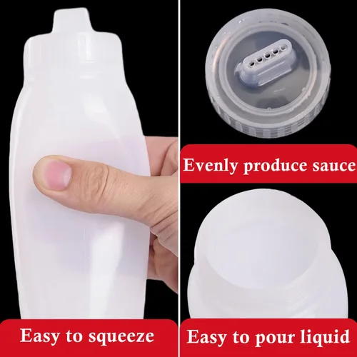 Vista 4 de Botellas exprimibles porosas de condimentos, recipiente pequeño para aderezo para ensaladas y salsa, botella multiboquilla, 6 piezas, 6 onzas, 5