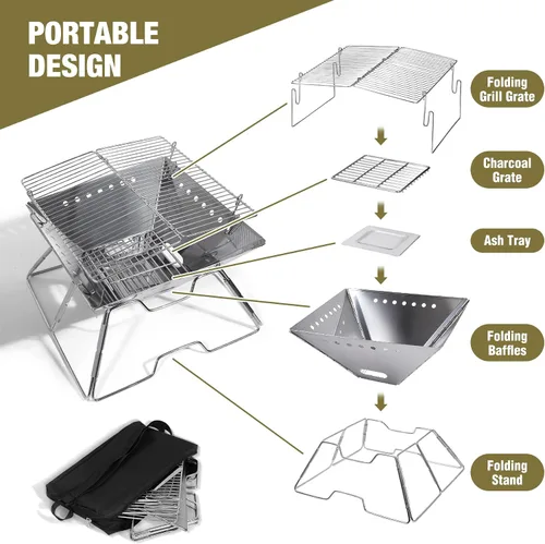 Vista 5 de Fogata portátil con parrilla para campamento, hoguera plegable de alta resistencia con parrilla de fogata y bolsa de transporte para exteriores