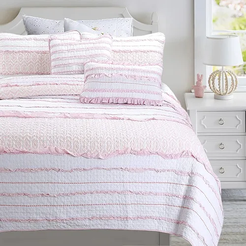 Vista 26 de Cozy Line Home Fashions - Juego de ropa de cama reversible de lunares y rayas en negro, blanco y rosa, con estrellas, de 100% algodón, colcha