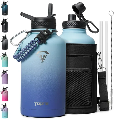 Vista 28 de Topre Botella de agua aislada de 32 onzas, botella de agua al vacío de acero inoxidable, sin BPA y a prueba de fugas - con asa de paracord, correa