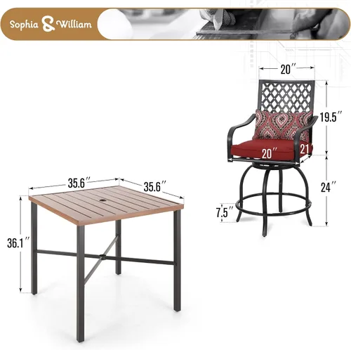 Vista 8 de Sophia & William Juego de 5 sillas y mesa de bar para patio al aire libre, 4 taburetes giratorios con cojín rojo y 1 mesa cuadrada alta con parte