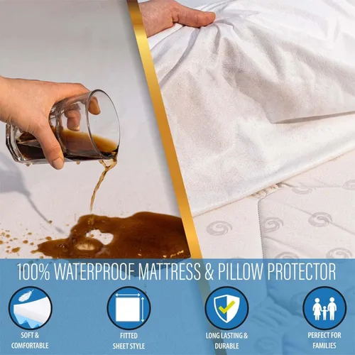 Vista 2 de Protector de colchón impermeable de tamaño individual con 1 funda de almohada, transpirable, hipoalergénico, protector de colchón de rizo de algodón