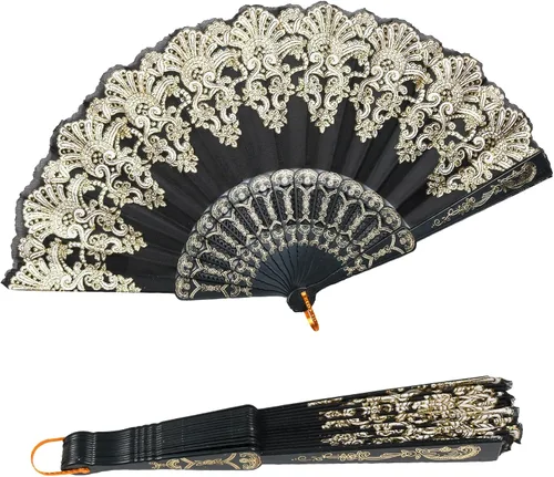 Vista 11 de INNOLIFE Abanico de mano plegable español con patrón retro para mujeres, abanico plegable chino de mano para fiestas, baile, bodas y decoración