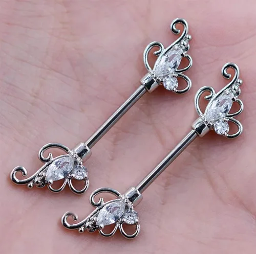 Vista 6 de Gabryjwl 2 unids vintage flor pezones 14G acero inoxidable recto barra pezón anillo floral filigrana incrustación circonita cúbica mariposa alas