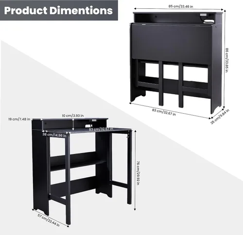 Vista 2 de Escritorio plegable con tomas de corriente, pequeña mesa plegable con estante de almacenamiento, escritorio oculto que ahorra espacio
