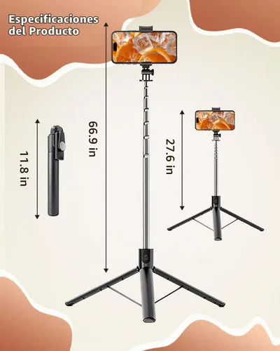 Vista 2 de Trípode de teléfono de 67 pulgadas Selfie Stick para iPhone y teléfono Android, soporte de trípode para teléfono celular con control remoto