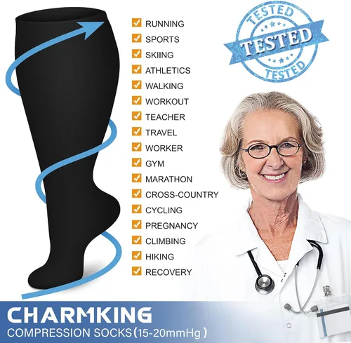 Vista 5 de CHARMKING 3 pares de calcetines de compresión de talla grande para mujeres y hombres, pantorrilla extra ancha de 20-30 mmHg, el mejor apoyo