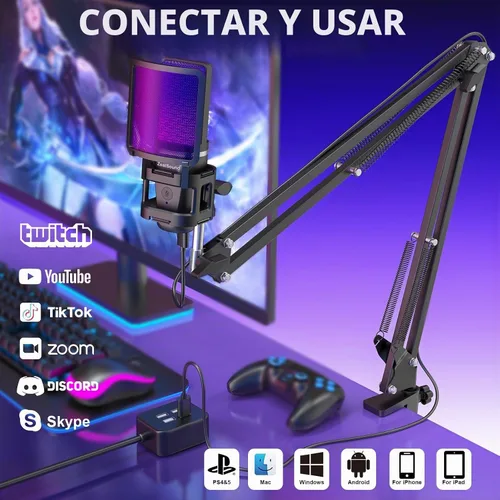 Vista 4 de ZealSound Micrófono USB para Juegos, Micrófono Condensador con Cancelación de Ruido, Micrófono RGB con Silencio, Ganancia, Monitoreo, Brazo