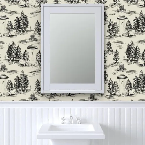 Vista 9 de Spoonflower Papel Tapiz Despegar y Pegar Muestra - OVNI Grande Negro Toile De Jouy Abducción Alienígena Espacio Acampada Papel Tapiz Removible