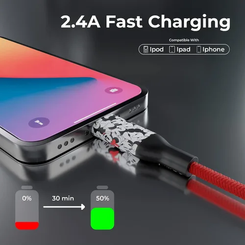 Vista 3 de iJoy Disney Minnie Mouse - Cargador de repuesto para iPhone de 6 pies de carga rápida – Cable de carga USB trenzado certificado MFI sincronización