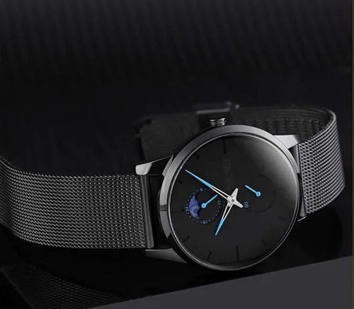 Vista 5 de SKMEI Black Watches for Men Fashion Minimalist Waterproof Ultra-Thin Analog Quartz Moon Phase Stainless Steel Mesh Band Wristwatch for Men