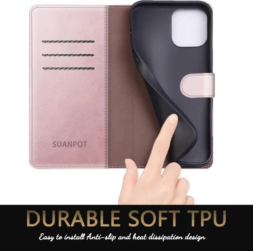 Vista 5 de SUANPOT Funda de piel tipo cartera para iPhone 12 Pro Max con bloqueo RFID, tarjetero de crédito, libro de folio magnético de poliuretano