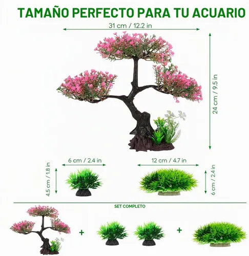 Vista 4 de Cabilock Decoración de acuario de flor de cerezo rosa, planta artificial de tanque de peces de árbol Sakura de 12.2 pulgadas con base estable