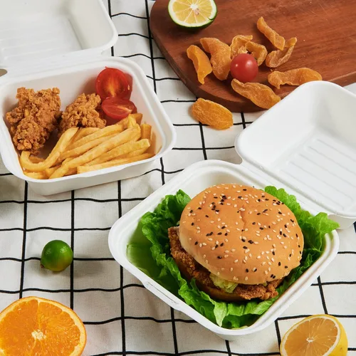 Vista 4 de Paquete de 200 recipientes de comida para llevar, 100% compostables, desechables, cajas de 6 x 6 pulgadas para ensalada, tartas, sándwiches