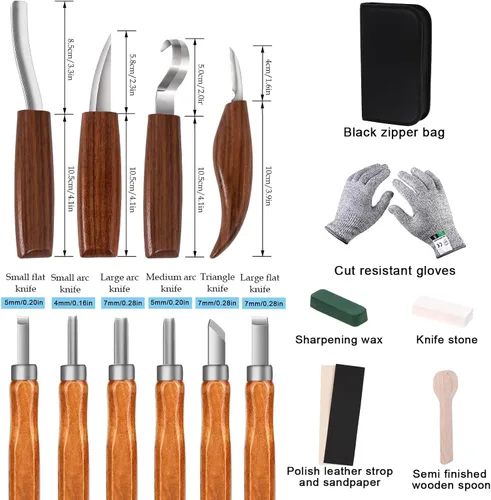 Vista 2 de Juego de herramientas de tallado de madera, kit de cuchillos para tallar detalles y gancho para principiantes, cuchillo de corte para cuchara, taza