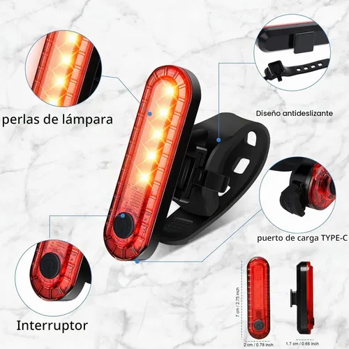 Vista 2 de Luz trasera de bicicleta, luces traseras de bicicleta USB-C recargable LED linterna de seguridad para ciclismo con 4 modos de luz para carretera