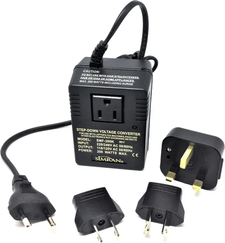 Vista 5 de Simran SMF-200 Deluxe 200 vatios, conversor de voltaje para viajes internacionales a países con 220 V.