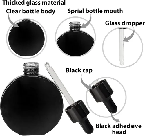 Vista 4 de Botellas transparentes con cuentagotas de 2 onzas, 6 botellas de vidrio plano redondas transparentes con cuentagotas para ojos, para sueros de Negro