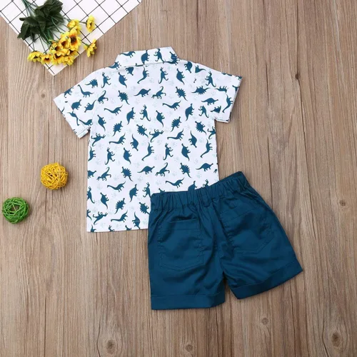 Vista 3 de Conjunto de camisa de manga corta con botones y pantalones cortos casuales con diseño de flamingo, para bebés y niños de 1 a 6 años, atuendos