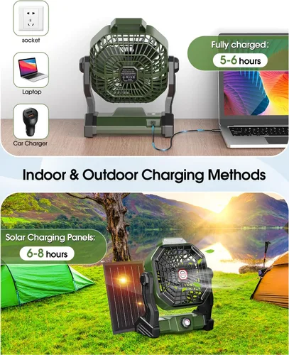 Vista 6 de Ventilador recargable con energía solar, (30 horas de funcionamiento) ventiladores de camping solares y linterna LED, ventilador portátil de 8