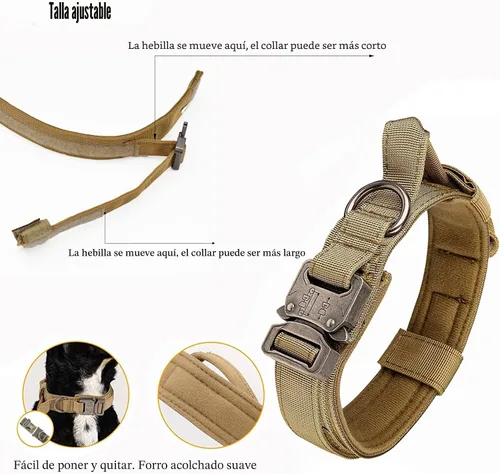 Vista 6 de Collar táctico para perro, collar ajustable de nailon para entrenamiento militar con mango de control y hebilla metálica de liberación rápida pesada