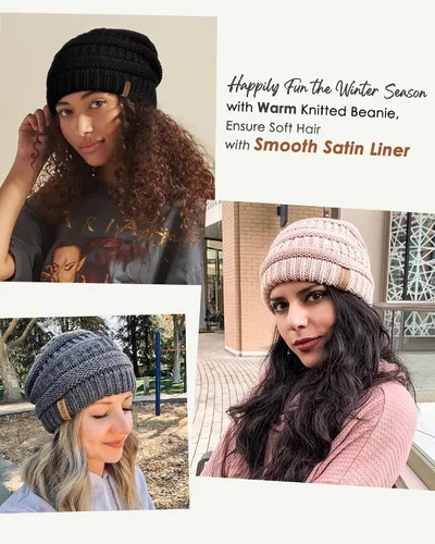 Vista 13 de FURTALK Gorro de invierno para mujer, con forro de satén, tejido trenzado, grueso, holgado, gorro cálido