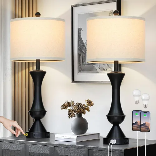 Vista 9 de Lámparas de mesa costeras de 28 pulgadas para sala de estar, lámparas de noche con luz nocturna, puertos USB A+C, moderna concha de mar