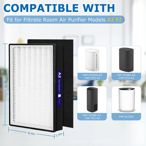 Vista 2 de Paquete de 2 filtros de repuesto HEPA tipo A2 compatibles con los modelos de purificador de aire Filtrete Room A2 FAP-C02-A2, FAP-C03-A2