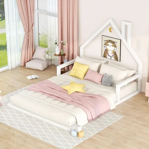 Vista 3 de Harper & Bright Designs Cama de suelo de tamaño matrimonial con cabecera en forma de casa, marco de cama Montessori, cama de plataforma, cama