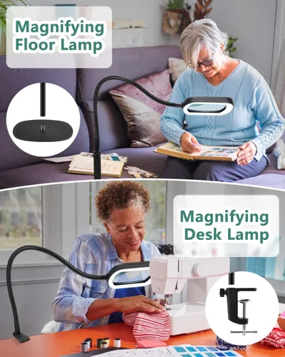 Vista 5 de Lupa rectangular 10X con luz y soporte, lámpara de pie flexible de 24 pulgadas de cuello de cisne 3 en 1, 5 modos de color regulable continuo, lupa