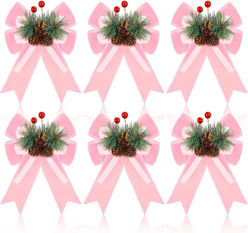 Vista 15 de Syhood - 6 lazos de Navidad a cuadros con piñas de pino, cintas de terciopelo negro, para corona de árbol de Navidad, decoración de fiestas