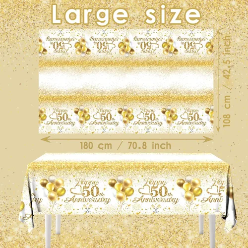 Vista 5 de Mantel de Feliz 50º Aniversario, Decoraciones de Aniversario de 50 Años 3 Piezas Mantel Blanco y Dorado Impermeable Rectangular Cubierta de Mesa