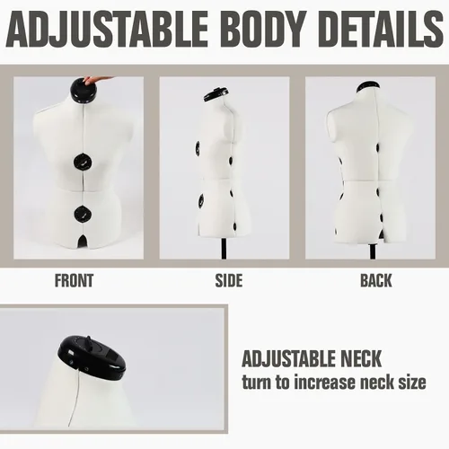 Vista 5 de Maniquíes de vestido ajustable beige para costura femenina, tamaño pequeño 6-14 y tamaño grande 12-18, modelo de algodón con 13 diales, base