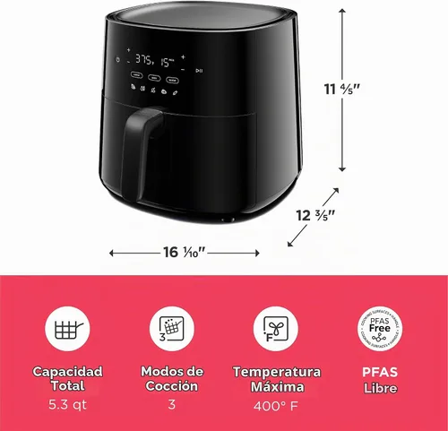 Vista 3 de Frigidaire Freidora de aire 3 en 1, capacidad grande de 5.3 cuartos de galón, pantalla digital, 3 modos de cocción, 5 preajustes de recetas