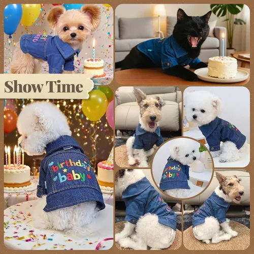 Vista 6 de Chaqueta de mezclilla para perro con anillo en D, abrigo de mezclilla azul, trajes para perros pequeños, gatos, macho, niña, ropa de cumpleaños