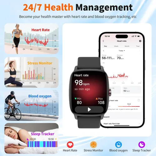 Vista 5 de Reloj inteligente para hombres y mujeres con llamadas Bluetooth, rastreador de fitness con pantalla táctil de 1.85 pulgadas, monitor de frecuencia