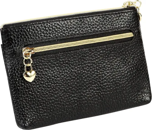 Vista 2 de Monedero de cuero genuino para mujer, con cremallera, bolsillo y bolsillo, Negro -, Minimalista