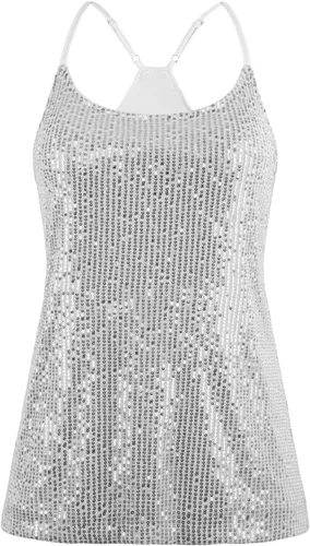 Vista 5 de PrettyGuide Camiseta de tirantes brillantes con lentejuelas para mujer, camiseta sin mangas brillante, Metálico