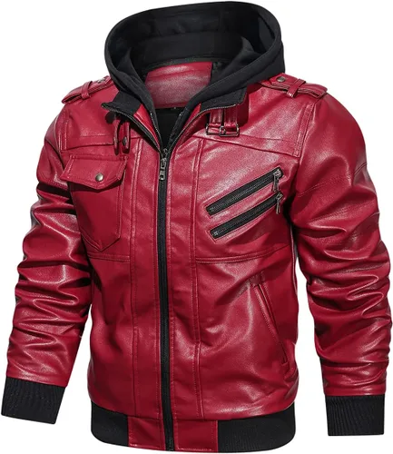 Vista 2 de Hood Crew - Chaqueta bomber para hombre, casual, con cuello alto, cazadora de moto, de piel sintética de poliuretano, con cremallera y capucha
