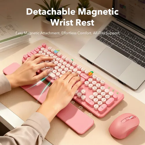 Vista 2 de Combo de teclado y mouse inalámbricos, teclado retro con teclas redondas, teclado estilo máquina de escribir de tamaño completo con reposamuñecas