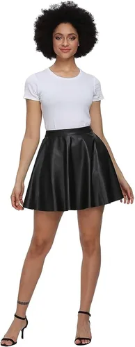 Vista 2 de Fahsyee Falda skater de cuero, plisada negra para mujer, talla grande, mini, acampanada, vegana, cintura alta, casual, elástica, S-XXXL