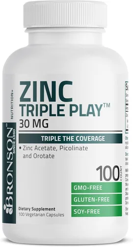Vista 5 de Bronson Zinc Triple Play 30 mg Triple Cobertura Apoyo Inmune con Acetato de Zinc, Picolinato y Orotato - Apoyo inmunológico, antioxidante